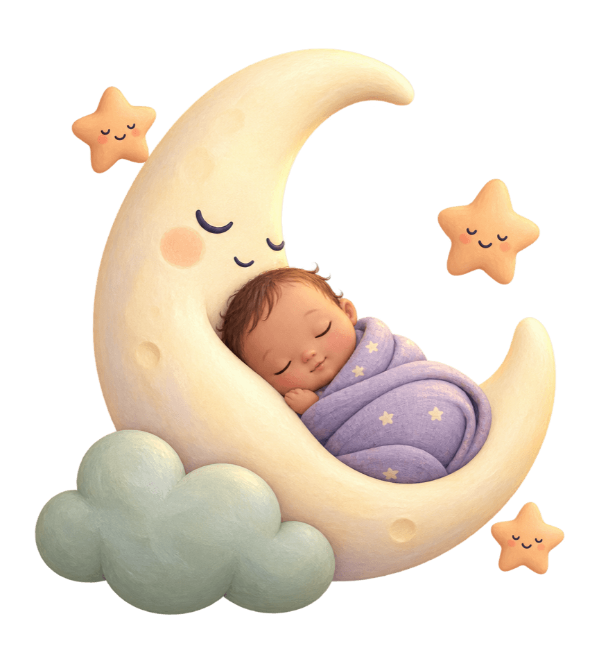 Un bimbo addormentato tra una luna e piccole stelle